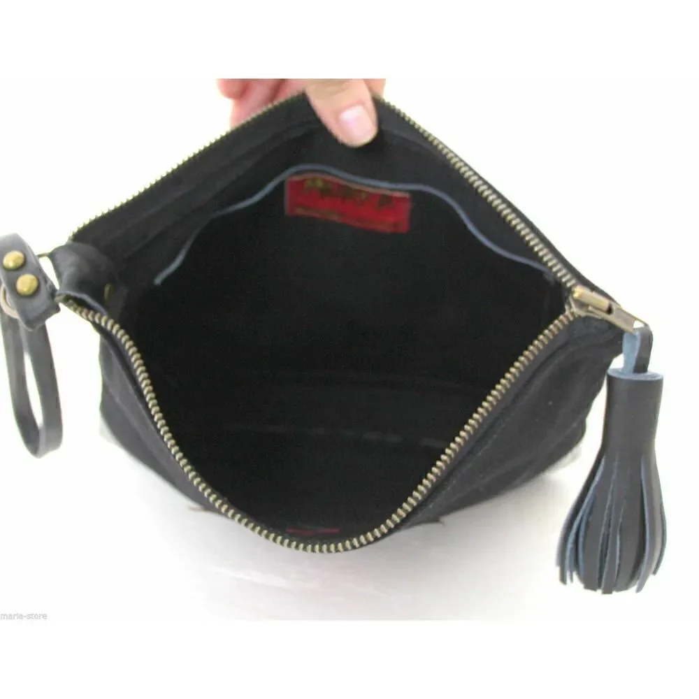 LARGE REBEL HANDMADE MURKA BLACK CANVAS RED STAR LEATHER WRISTLET CLUTCH HANDBAG